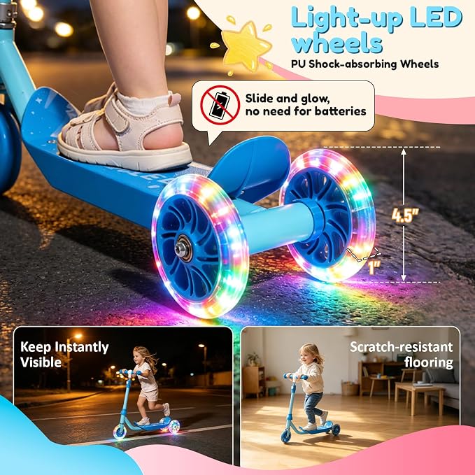 Three Wheel Scooter for Kids 2-5, Light Up Princess Scooters with Handleber-Steer, Adjustable Height Kick Scooters for Boys & Grils, Indoor and Outdoor Use