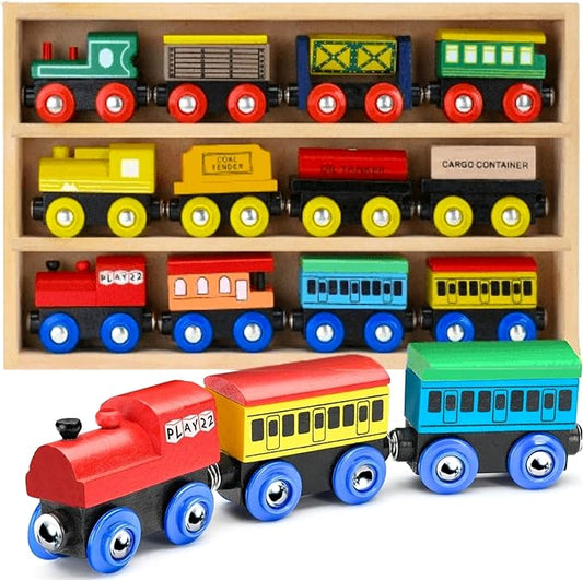 Play22 Wooden Train Set 12 PCS - Magnetic Train Toys Set Includes 3 Engines - Toy Sets for Kids Toddler Boys and Girls - Compatible with All Major Brands - Original