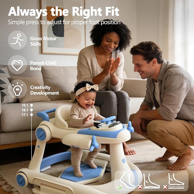 Kinder King 8-in-1 Baby Walker with Music & Lights, 3 Level Adjustable Height, Foldable Toddler Walker with Speed Adjustable Wheels, Easy to Clean, Baby Walkers for Boys & Girls 6-18 Months
