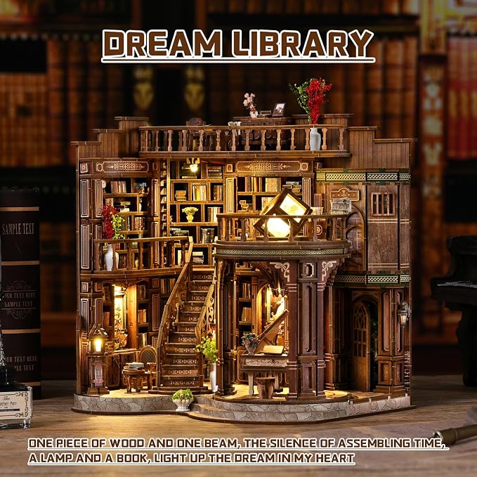 DIY Miniature House Kit,3D Wooden Puzzle Dollhouse Kit Retro Double-Decker Library Tiny House Model Kit to Build Bookend Decor,Gift for Adults Teens -Dreamy Book Hall