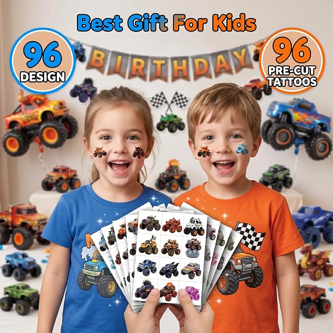 Monster Truck Temporary Tattoos for Kids - 96 Pcs Pre-Cut 3D Cute | Art Style Tattoos, 8 Sheets Dinosaur & Shark Truck Stickers for Boys Birthday Party Favors, Goodie Bag Stuffers, Rewards