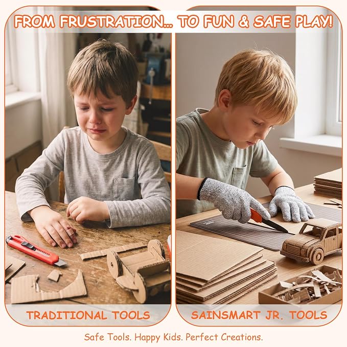 SainSmart Jr. Cardboard Tools for Kids with Safe Cutter, Tool Box & Tape Measure, 120 PCS Cardboard Construction Kit for Family & Classroom Activities | Reusable Cutting Tools for Boys & Girls Age 5+