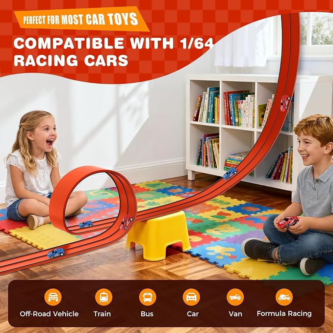 TAEMVV 15 Ft Dual Flexible Race Track for Kids, DIY Ramps Car Track Set Compatible with Hot Wheels 1/64 Diecast Cars, Reinforced Suction Cup for Boys Girls 3+, Red&Black