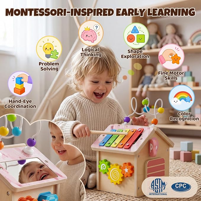 Wooden Activity Cube for Toddlers 1-3 with Press to Go Car Toy, Montessori Baby Educational Learning Toys for Kids, Multipurpose Infant Activity Center, for Girls Boys 1+ Year Old