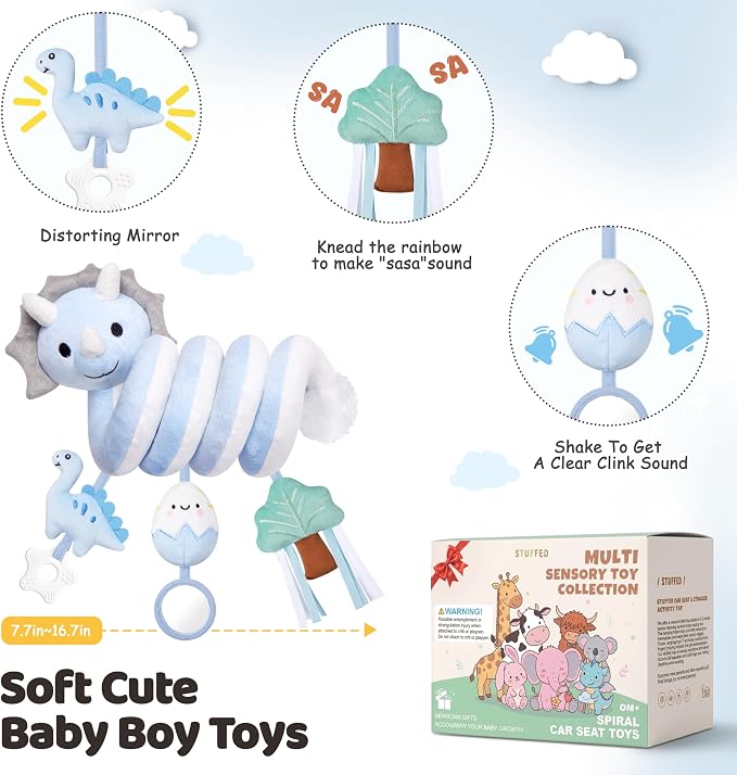 Stuffed Dinosaur Spiral Car Seat Toys Hanging for Babies 0-3 3-6 6-12 Months, Plush Infant Stroller Toy with Silicone Teether, Crinkle and Squeaker, Soft Cute Shower Gifts for Newborn Boys Girls
