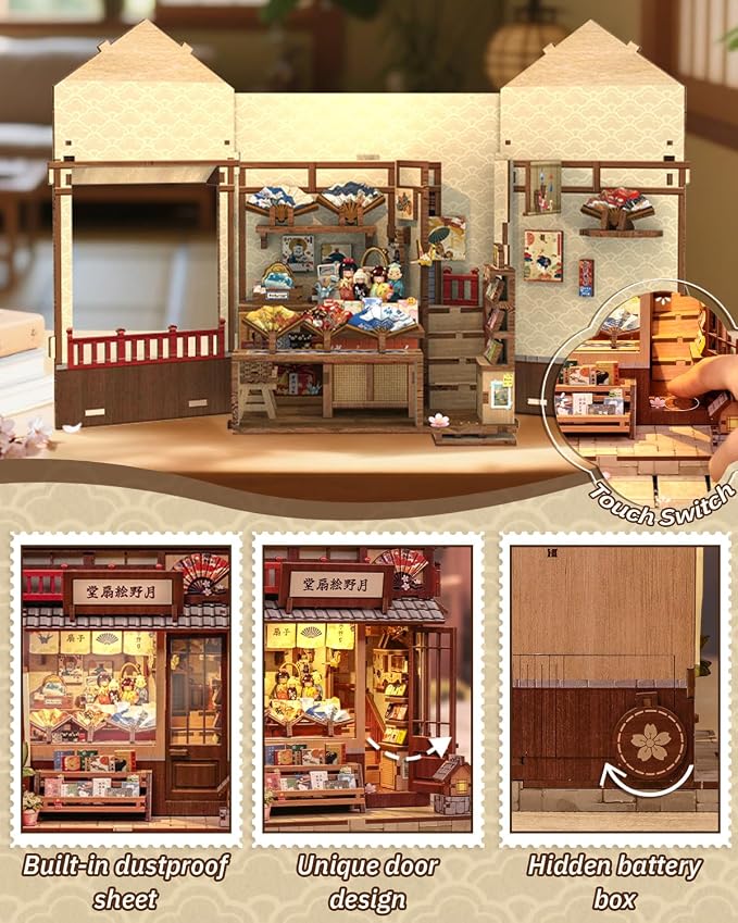 Book Nook Kit - DIY Miniature Japanese Fan House, 3D Wooden Puzzle Dollhouse with LED Lights, Tiny Bookend & Creative Bookshelf Decor, Crafts Gifts for Adults