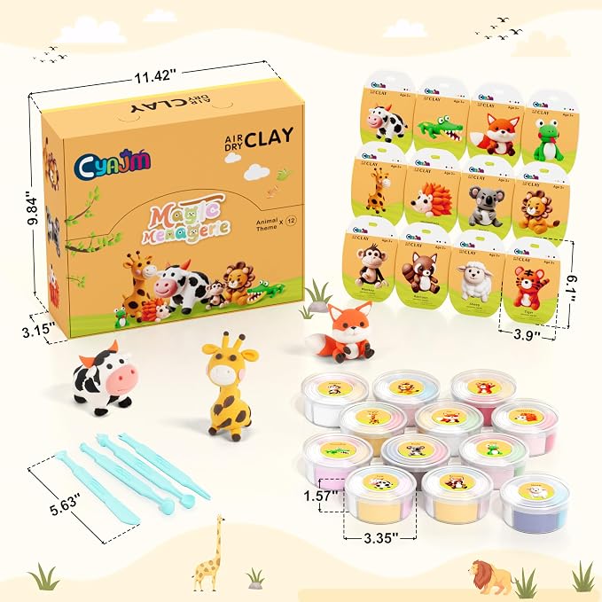 Cyajm 12-Color Air Dry Clay Kit, Animal-Themed Ultra-Light Modeling Clay for Kids, Non-Toxic Soft Air Drying Clay Set with Tools & Guide, Creative DIY Craft Gift for Boys Girls Ages 3+