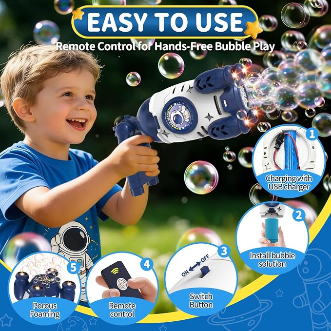 Bubble Gun for Kids, Automatic Rocket Bubble Machine, Handheld & Bicycle Use, Rechargeable Bubble Blower with Solution & LED Light, Summer Outdoor Toy, Gift for Boys Girls Age 3 4 5 6 7 8-12(White)