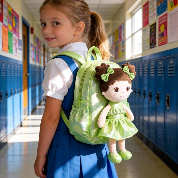 Lazada Toddler Backpack - Baby Girl Gifts Curly Fingerprints Plush Doll Dress Backpack - Fashion Girls Curly Rolled Fingerprints Series - Fluorescent Green 11 Inches