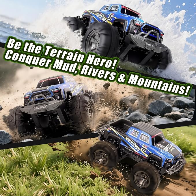 Amphibious Remote Control Car, Monster Trucks for Boys Age 4-7, Monster Truck Toys W/Blocks & 360°Spin, 4WD All-Terrain Off-Road RC Cars with 2 Batteries 100 min, 2.4GHz Pool Toy Gift for Kids