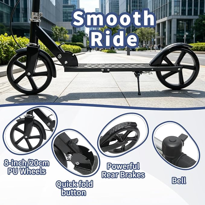 Scooters for Kids 8-12,Scooter for Teens Adults with 8-Inch Big Wheels Foldable Lightweight, 4 Adjustable Height Levels, 240 lbs Max Load Portable Scooter with Hand Brake