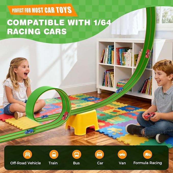 TAEMVV 15 Ft Dual Flexible Race Track for Kids, DIY Ramps Car Track Set Compatible with Hot Wheels 1/64 Diecast Cars, Reinforced Suction Cup for Boys Girls 3+, Green&Orange