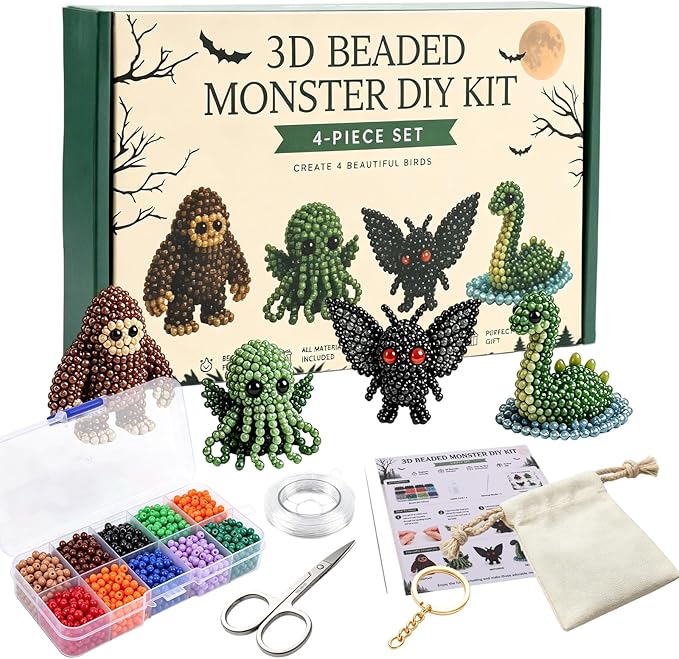 BLOWADM 4Pcs Tiny 3D Beaded Animal DIY Kit, Bead Embroidery Kit,3D Bead Animal Making Kit for Beginners,Cute Animals Beading Craft Set with Instructions