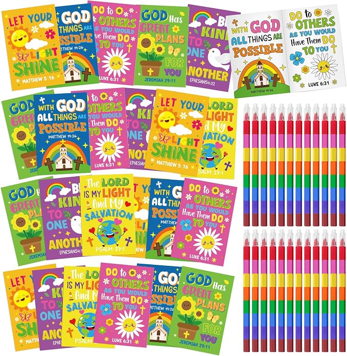 Cinrobiye 24 Set Bible Coloring Books with Stacking Crayons, Religious Activity Set for Church Events, Sunday School, VBS Activities, Faith Gatherings and Community Outreach