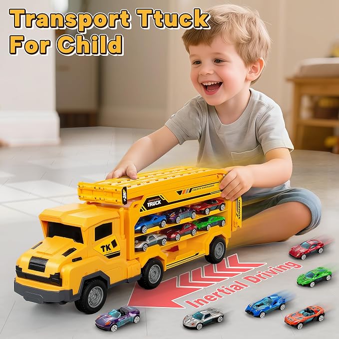 Kids Toys for 3 4 5 6 7 8 Years Old Boys, Carrier Truck Transport Car Toys, Foldable 2 Layer Car Race Track Playset with 25-in Race Track, 6 Metal Toy Cars, Birthday Toy Gift for Toddler-Yellow