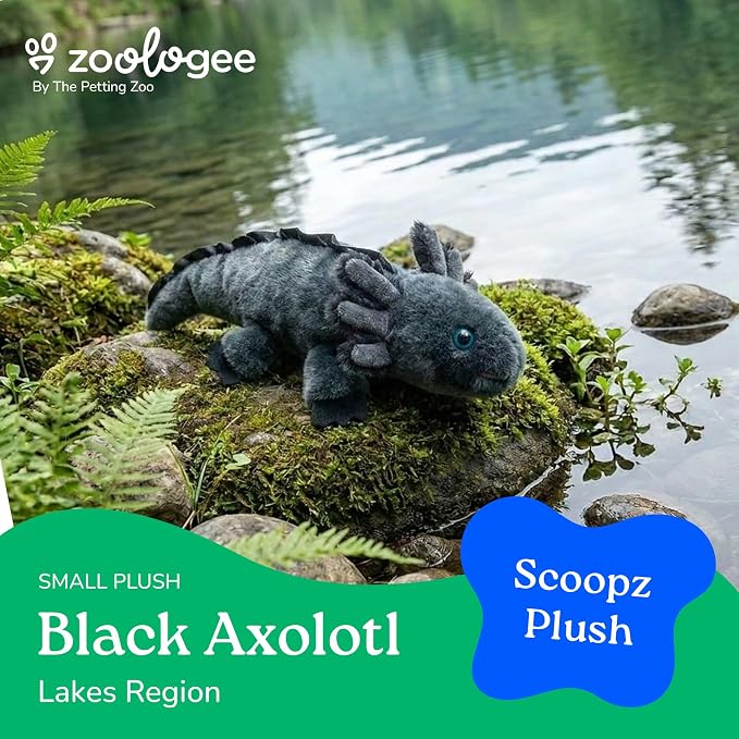 The Petting Zoo Black Axolotl Stuffed Animal Plushie, Gifts for Kids, Scoopz Sealife Animals, Black Salamander Plush Toy, 8 inches