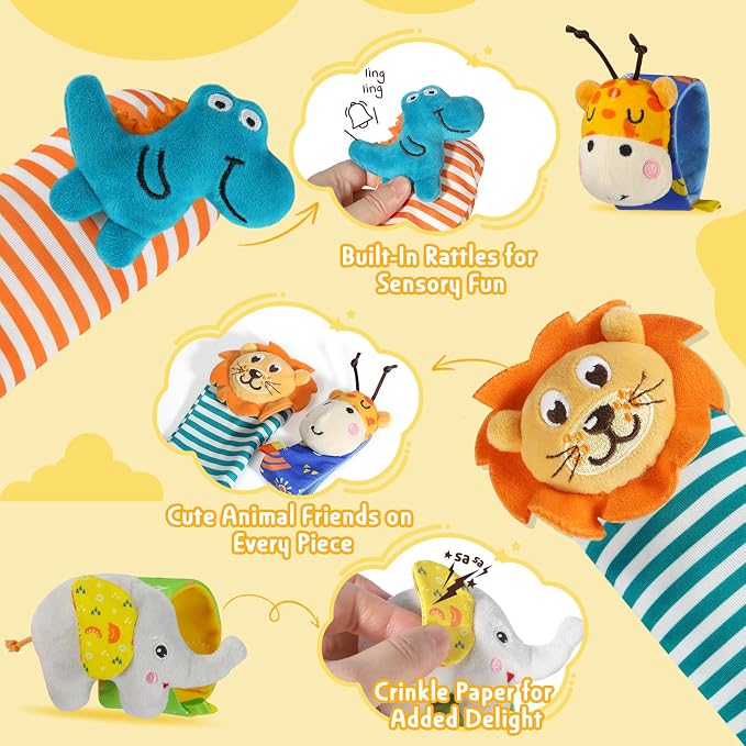 URMYWO Wrist Rattles for Baby - Rattle Socks - Foot Finder Set - Baby Toys for 0-12 Months Infant - Newborn Essentials - Early Learning Sensery Toys for Boy Girl as Shower Gifts