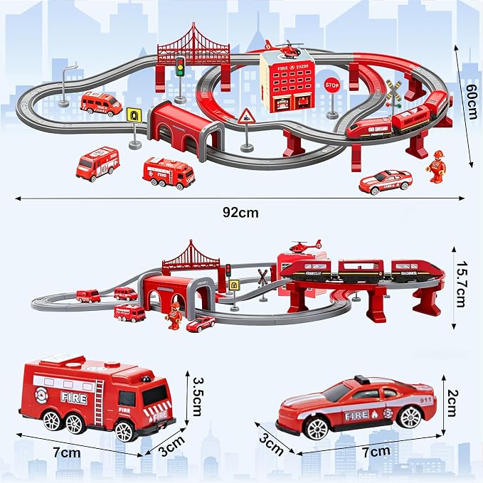 Wdmiya Train Set for Toddlers, 92 Pcs Train Toys for Kids Ages 2-8, Electric Trains Sets with Tracks (Magnetic Connection), Battery Operated Trains Birthday Gift for 2 3 4 5 6 7 (Fire 92 Pcs)