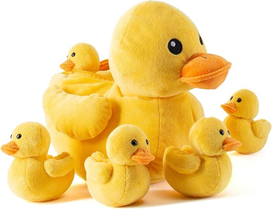 PREXTEX Plush Duck Toys Stuffed Animal with 5 Ducks Baby Stuffed Animals - Big Duck Zippers 5 Little Plush Baby Ducklings - Toys for Kids 3-5 - Duckling Toy - Gift for Ducks Lovers