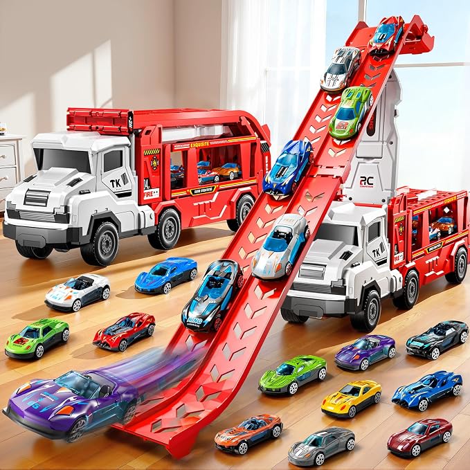 3-in-1 Kids Carrier Truck Toy Car Tracks for Toddlers 2-4 Years Old with 12 Racing Cars Toys, Foldable Chasing Race Track and Car Garage, Car Ramps Birthday Gift for Boys Girls 3-5 4-8(Red)