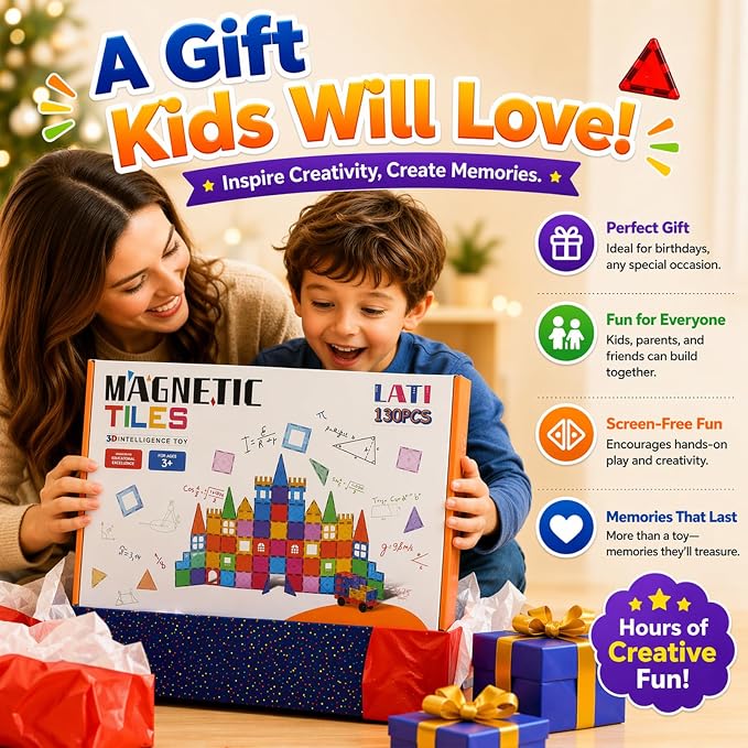 LATI 130-Piece Magnetic Tiles Building Toy Large Set for Kids,Magnetic Building Blocks Construction Set,Open-Ended Play STEM Educational Toy,Compatible with Other Brands,Gift for Boys & Girls Ages 3–8