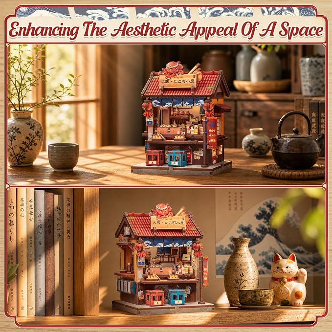 Cutefun DIY Miniature House Kit, 146 Pcs 3D Wooden Puzzle Tiny House Mini House Building Kit for Beginners & Teens – Palm-Sized DIY Japanese Booknook Dollhouse for Bookshelf Decor (Osaka Takoyaki)