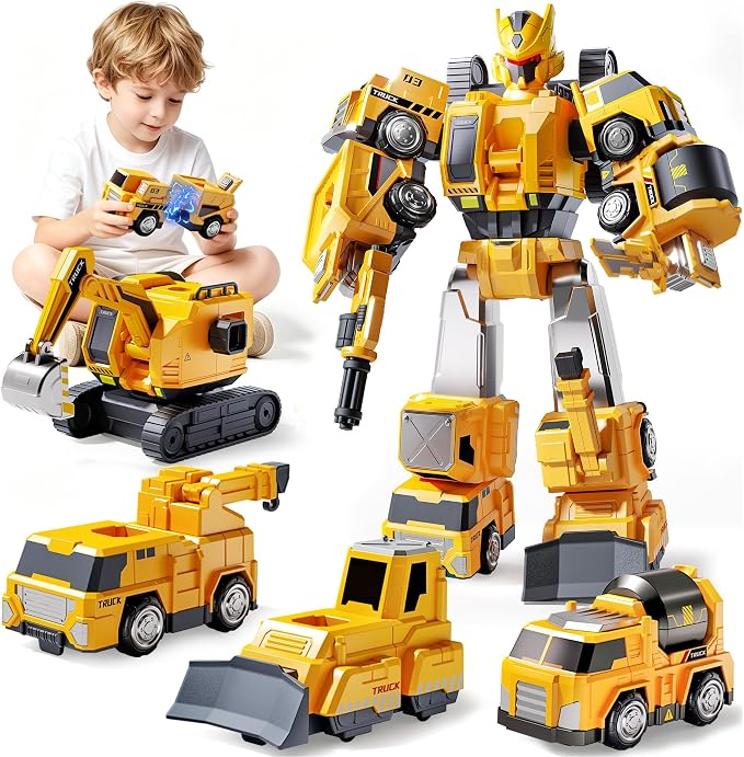 5-in-1 Construction Truck Toys for 3 4 5 6 Year Old Boys, Transform Toys for Boys 4-6, Easy DIY Magnetic Assembly, Birthday Gifts for 3 4 5 6 Year Old Boys, STEM Robot Toys for Boys Kids