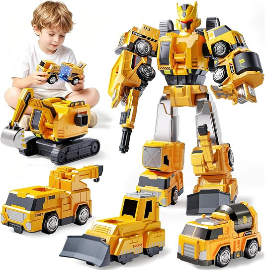 5-in-1 Construction Truck Toys for 3 4 5 6 Year Old Boys, Transform Toys for Boys 4-6, Easy DIY Magnetic Assembly, Birthday Gifts for 3 4 5 6 Year Old Boys, STEM Robot Toys for Boys Kids
