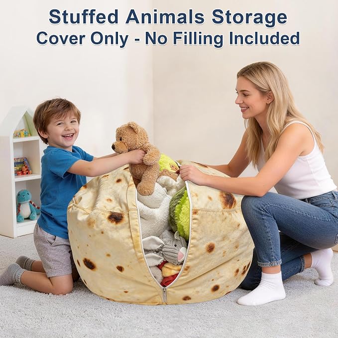Lukeight Burrito Stuffed Animals Storage Bean Bag Chair Cover for Kids, Cozy Velvet Plush Toy Organizer Seat, Cover Only, No Filling Included, Long YKK Zipper, Side Pocket, X-Large 30 x 18 in
