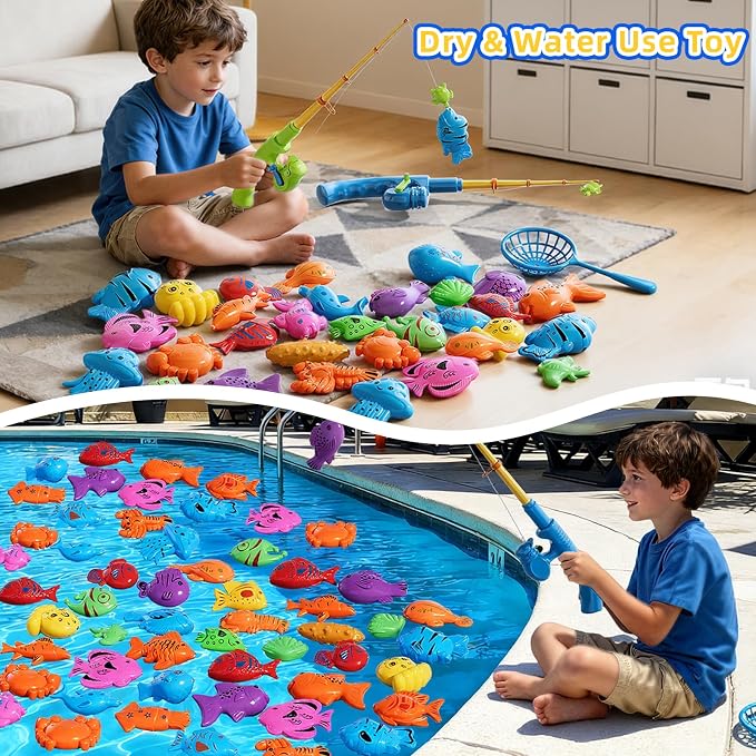 Magnetic Fishing Game Set for Toddlers 1-3 & Kids Age 3-5 Fishing Toys Includes Pole Rod Net & Floating Fish Water Table Bathtub & Pool Play Accessory with Ocean Animals for Summer Fun
