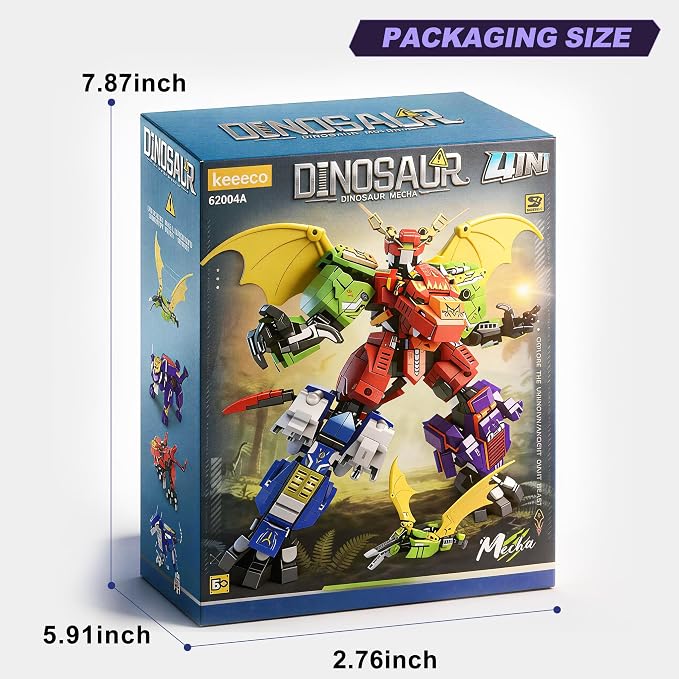 4-in-1 Dinosaur Mecha Robot Building Block Set, 4 Animal Shapes Transformable Mech, Cool Creative Robot Toy Gift, Suitable for Boys & Kids Over 6 Years Old(904 PCS)