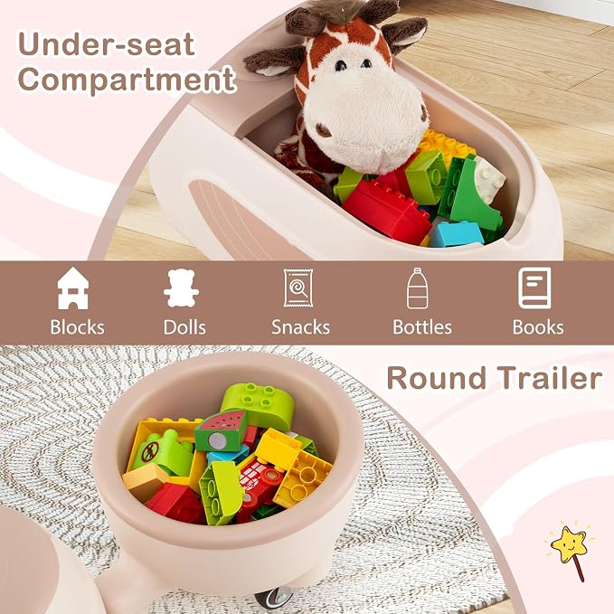 HONEY JOY Ride On Push Car with Trailer, Indoor Outdoor Toddler Riding Toys w/Under-seat Storage, LED Light, Music, Foot-to-Floor Sliding Car, No Battery Baby Ride On Toys for Boys and Girls (Coffee)