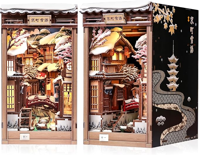 CUTEBEE Book Nook Kit - Japanese Style DIY Miniature Winter House, LED Light Bookshelf Decor Alley Dollhouse for Adults Teens, Gifts for Family (Kyoto Snow Whisper)