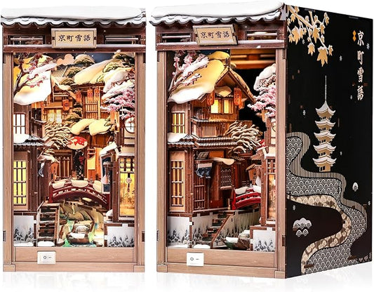 CUTEBEE Book Nook Kit - Japanese Style DIY Miniature Winter House, LED Light Bookshelf Decor Alley Dollhouse for Adults Teens, Gifts for Family (Kyoto Snow Whisper)