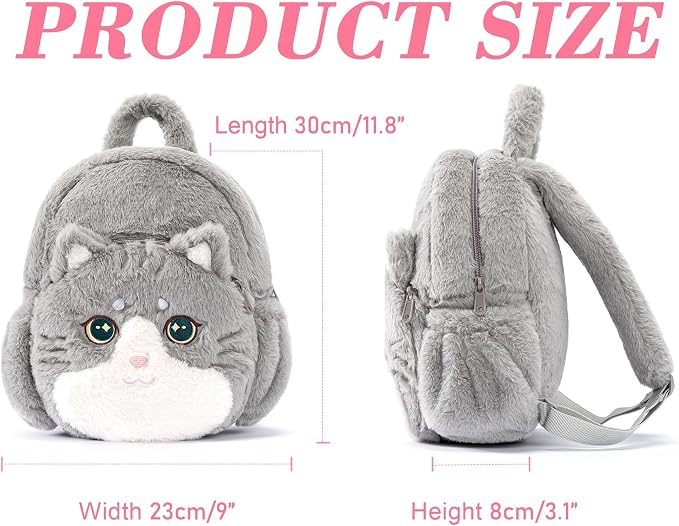 Lazada Adorable Grey Cat - Shaped Plush Backpack for Kids & Teens | Soft, Cuddly & Functional School and Travel Companion 11Inches