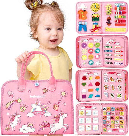 hahaland Toddler Busy Board Montessori Toys for 3 Year Old Girl Gifts, Educational Learning Toys with Life Skills, Alphabet, Number, Shape, Color, Car Ride Airplane Travel Toy Toddlers Girls Busy Book