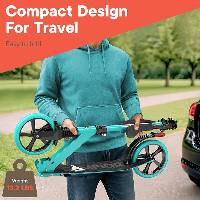 Campior Kick Scooter for Ages 6+, for Kids, Teens, and Adults, Max Load 240 LBS, Foldable, 8-inch Big Wheels for Kids and Adults, with Kickstand, 3 Adjustable Levels, Child Safety Approved, Aqua