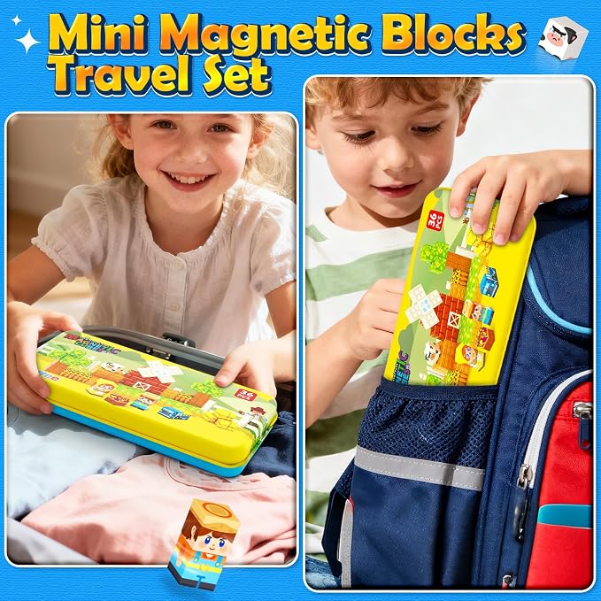 Soyee Magnetic Blocks Travel Toddler Toys Magnet Building Tiles Construction Cubes STEM Sensory Learning Farm Toys with Box Christmas Birthday Gifts for Kids Ages 3 4 5 6 7 8 Year Old Boys Girls