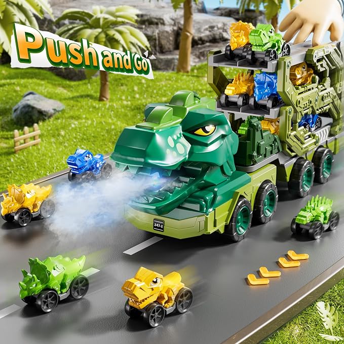 10 in 1 Dinosaur Truck Toys for Kids Aged 3-5 4-8 with Foldable Race Track, Carrier Truck with 9 Dinosaur Toy Car for Boys, Spraying, Light and Sound, Birthday Gifts for Girls Toddlers 5-7