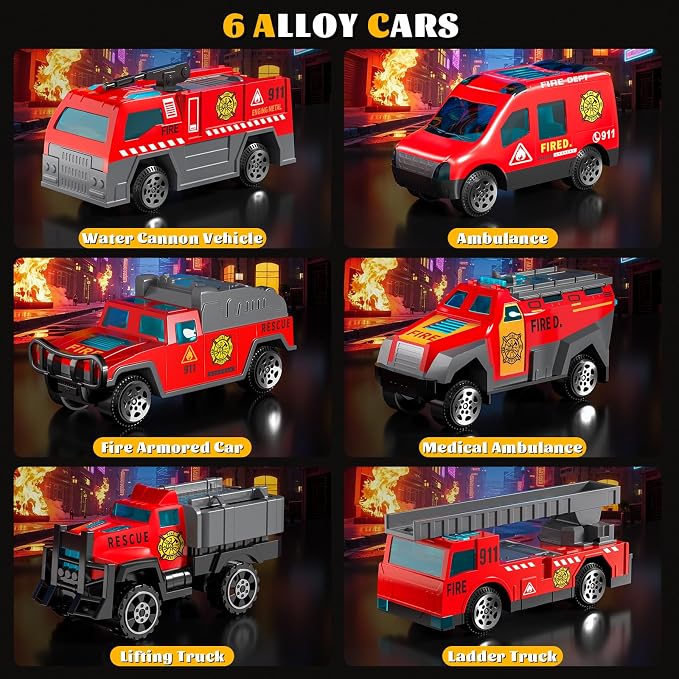 Toddler Boys Fire Truck Set: Fire Car Toy for Boy 3 4 5 6 Years Old | with Play Mat and Die-Cast Toy Car | Birthday Gifts Toys for 3-8 Year Old Boys | Girl Toys Cars with Light and Sound