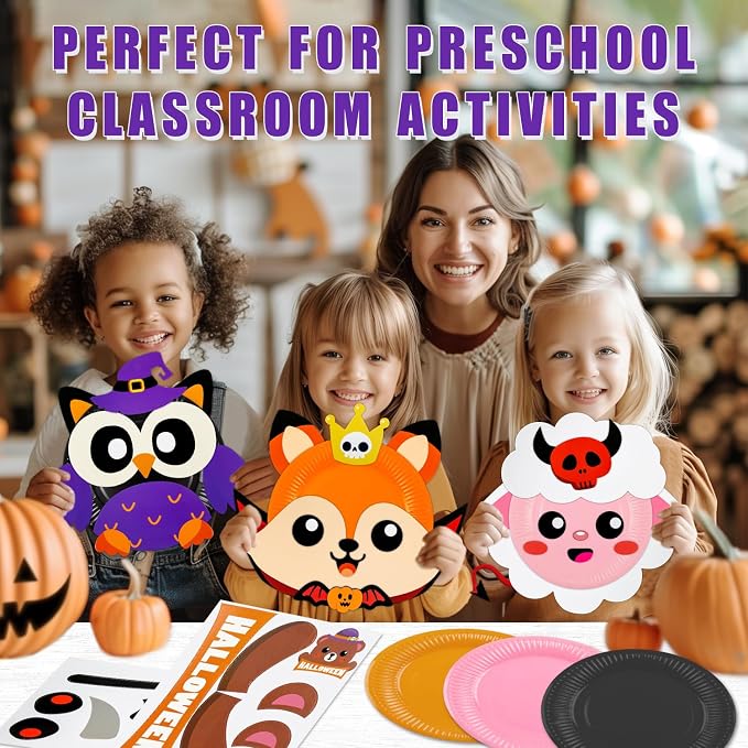 16 Pack Arts and Crafts for Kids, Toddler Crafts Animal Paper Plate Art Kit Gift for 3 4 5 6 Year Old Boys Girls DIY Kids for Birthday Party Favor Preschool Classroom Party Games (Halloween)