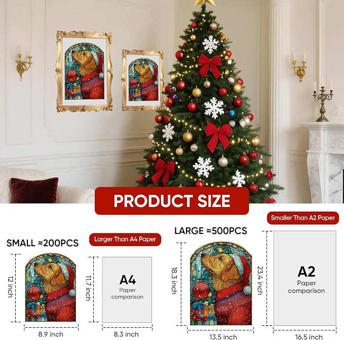MEATRN Christmas Jigsaw Puzzles for Adults - Dog with Santa Hat 202 Pcs Unique Shaped Holiday Wood Puzzle with Wooden Storage Box, Festive Family Game Night for Art Lovers 8.9x12 Inch