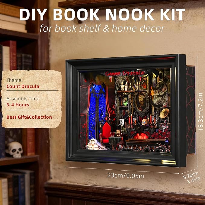 Book Nook Kit-3D Wooden Puzzle with LED Switch Control & Wall-Mountable Frame,DIY Miniature House for Beginners,Bookshelf/Tabletop/Wall Decor for Craft Lovers,Dollhouse Gift,Count Dracula