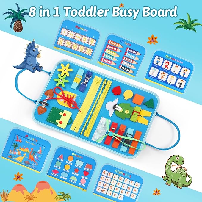 Quiet Flower Busy Board Montessori Toys - Sensory Busy Book for Early Learning, Dinosaur Educational Activity for Fine Motor Skills, Airplane Car Travel Toy Gifts for Boys Girls