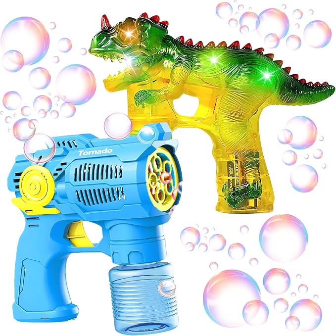 Haktoys Dinosaur Bubble Gun for Kids Automatic Bubble Machine Toy, Outdoor Bubble Maker Blower for Toddlers Boys Girls Backyard Play, 2 Pack Dinosaur and Space Gun
