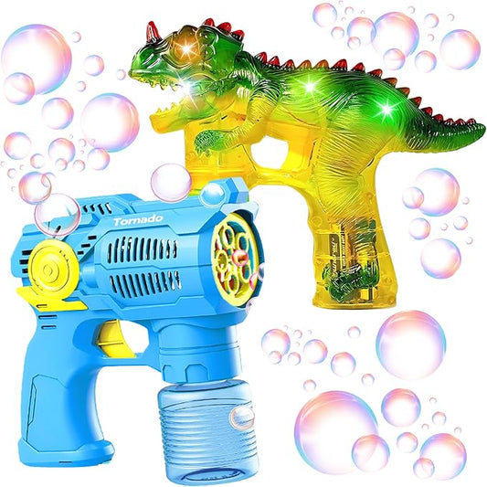 Haktoys Dinosaur Bubble Gun for Kids Automatic Bubble Machine Toy, Outdoor Bubble Maker Blower for Toddlers Boys Girls Backyard Play, 2 Pack Dinosaur and Space Gun