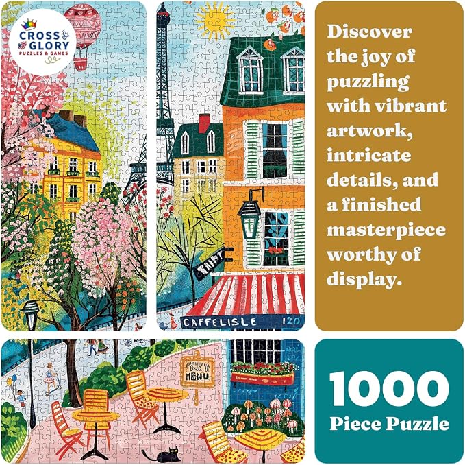 Cross & Glory – Morning at Café Lisle – 1000 Piece Jigsaw Puzzle for Adults | Paris Folk Art Puzzle | Bright Eiffel Tower Café Scene | Premium Quality 1000 Piece Puzzle for Adults