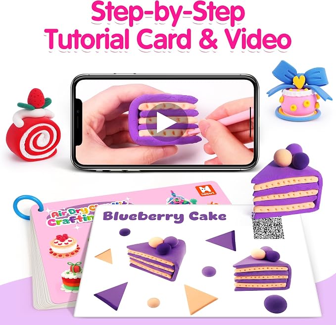 Air Dry Clay Kit, 12 Cake Modeling Clay for Kids, Molding Clay Set with Sculpting Tools and Tutorial, Ultra Light, Safe & Non-Toxic, Arts and Crafts School Projects, Home Party Favor for Boys Girls