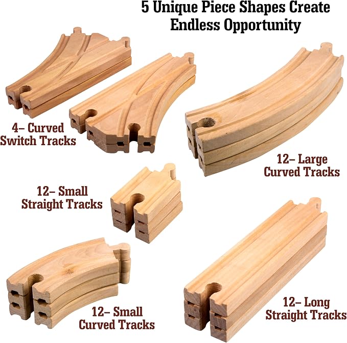 Wooden Train Track 52 Piece Set-18 Feet Of Track Expansion - 5 Distinct Pieces - 100% Compatible with All Major Brands Including Thomas Wooden Railway System: Screen Free Christmas Gift For Toddlers
