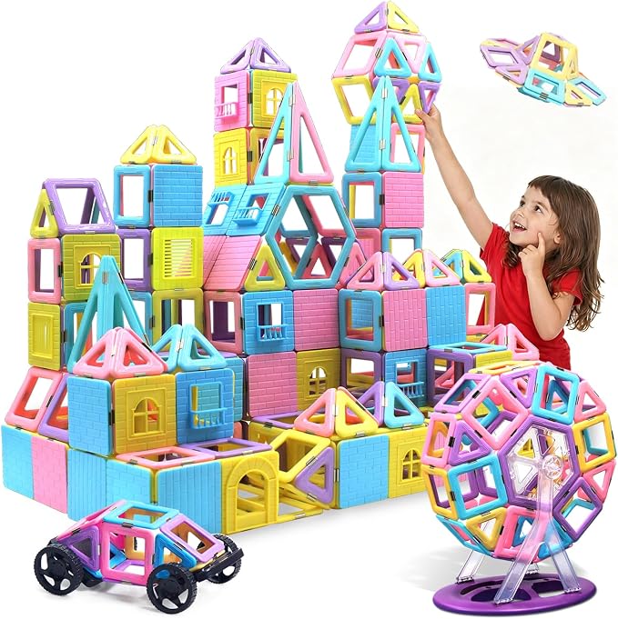 124PCS Magnetic Tiles Toys for 3 4 5 6 7 8+Year Old Boys Girls Upgrade Macaron Castle Blocks Building Set for Toddlers STEM Creativity/Educational Toys for Kids Valentines Day Christmas Birthday Gifts